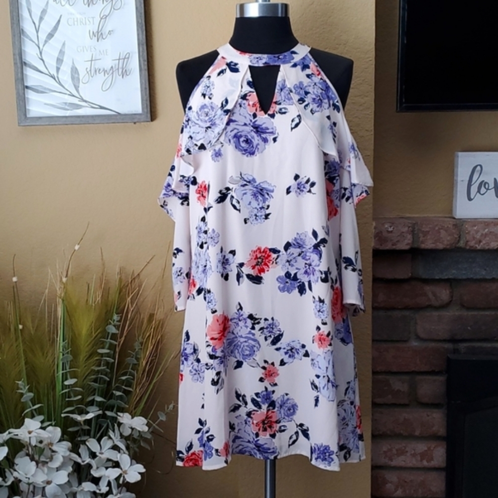 Candies Soft Pink Floral Cold Shoulder Flutter Halter Dress SIZE: M